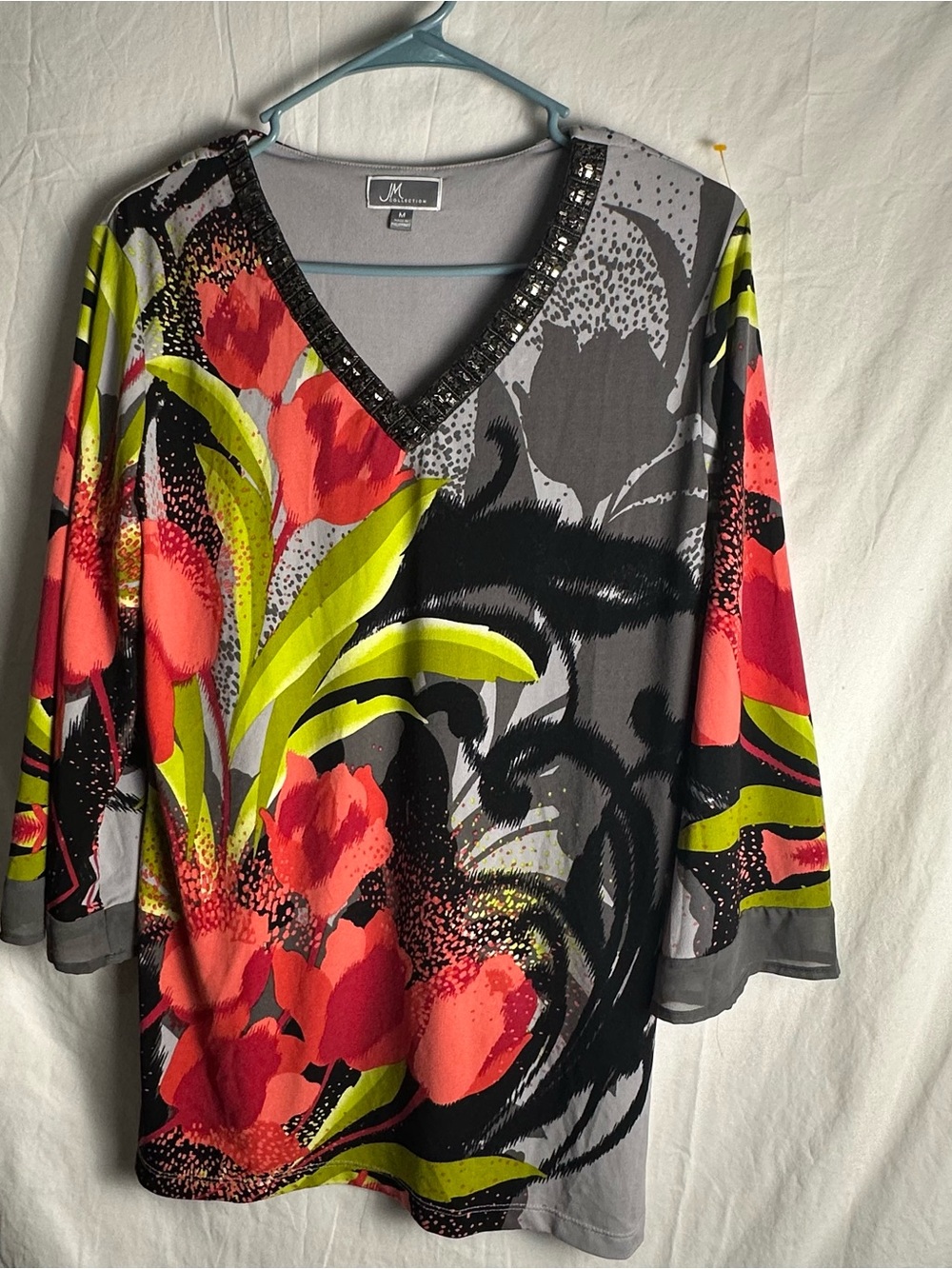 JM Collection Gray V-Neck Tunic with Red & Lime Floral Print